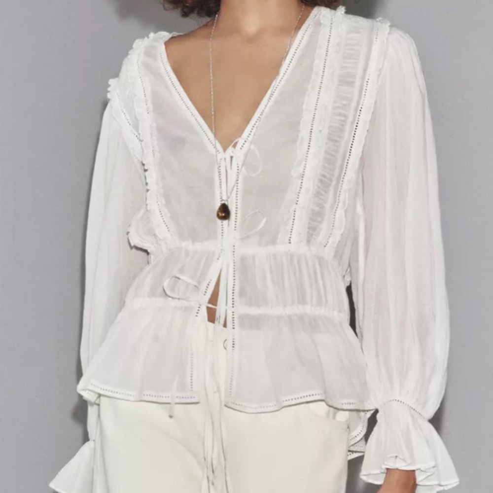 Zara ZW White Ladder Stitch Blouse Romantic Sheer Chic, M, NWT